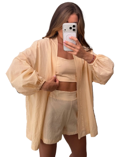 Womens Three Piece Cotton Batiste Set Beige Breathable Summer Suit