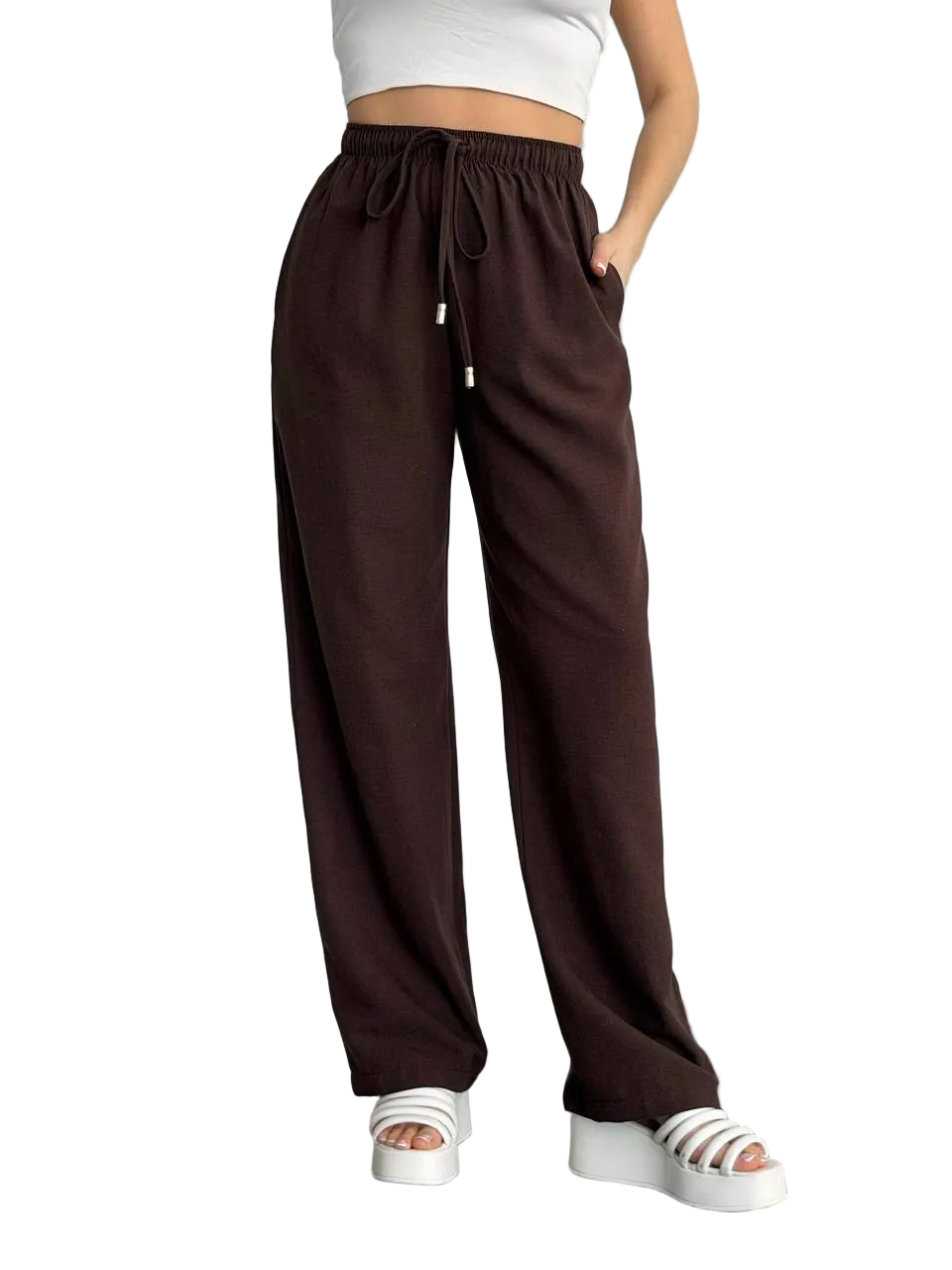 Women Linen Wide Leg Trousers Brown Drawstring Waist