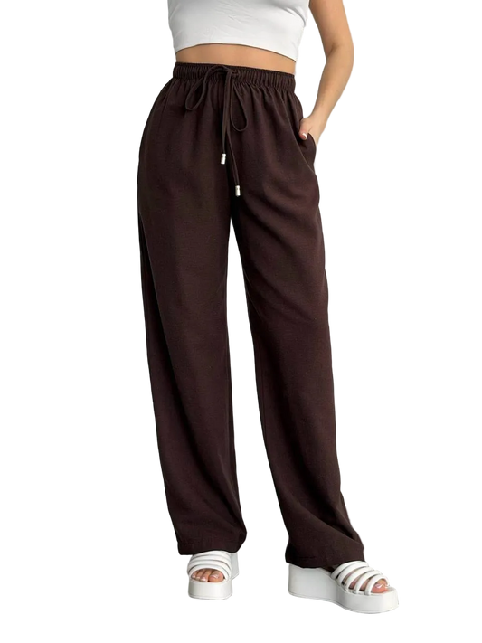 Women Linen Wide Leg Trousers Brown Drawstring Waist