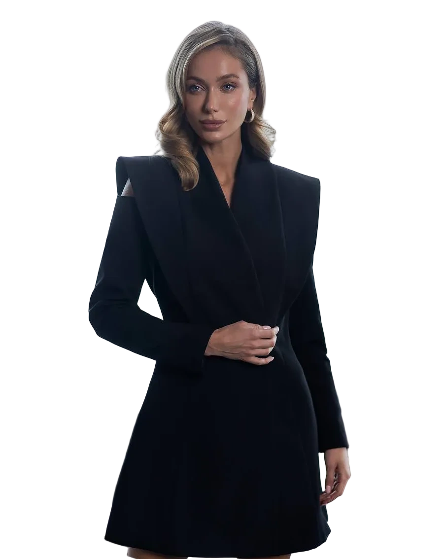 Black Womens Blazer Dress Tailored Structured Shoulder Shawl Lapel