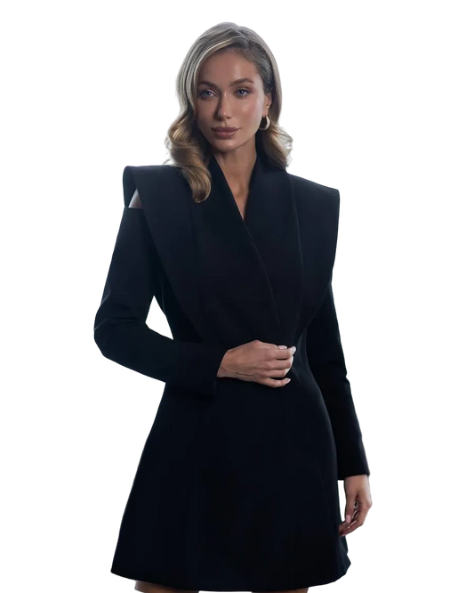 Black Womens Blazer Dress Tailored Structured Shoulder Shawl Lapel