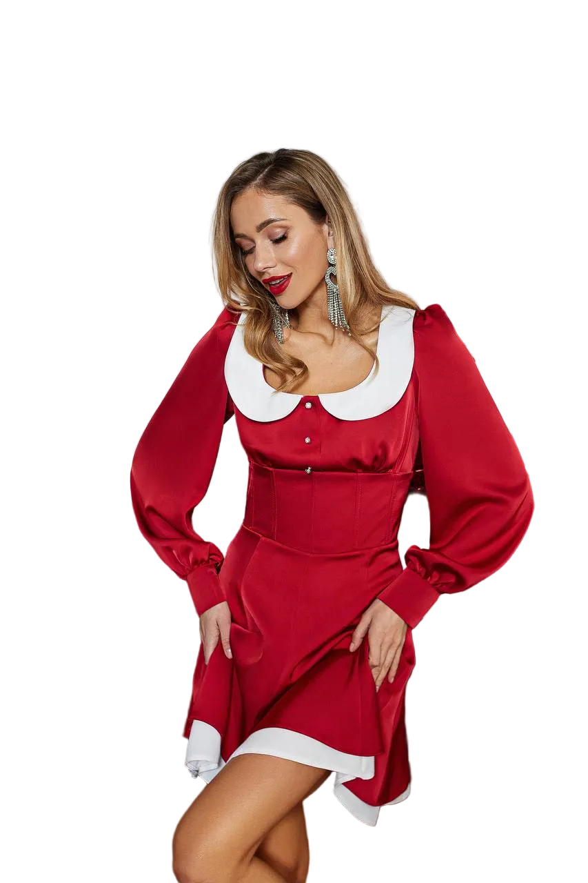 Red Satin Mini Dress with White Peter Pan Collar and Corset Waist