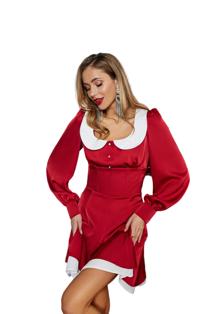 Red Satin Mini Dress with White Peter Pan Collar and Corset Waist