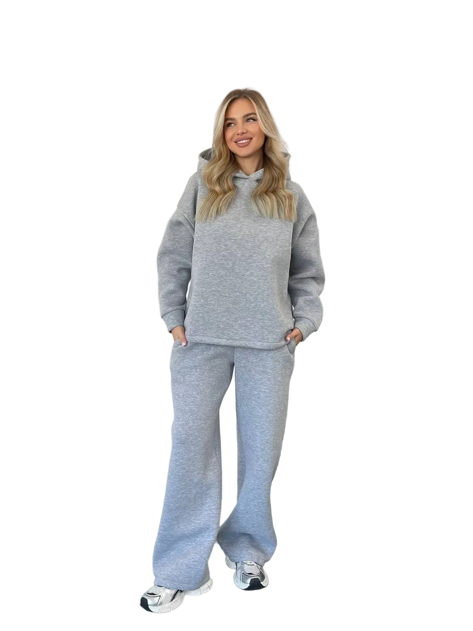 Grey Fleece Tracksuit Womens Cozy Hooded Sweatshirt Wide Leg Pants Loungewear