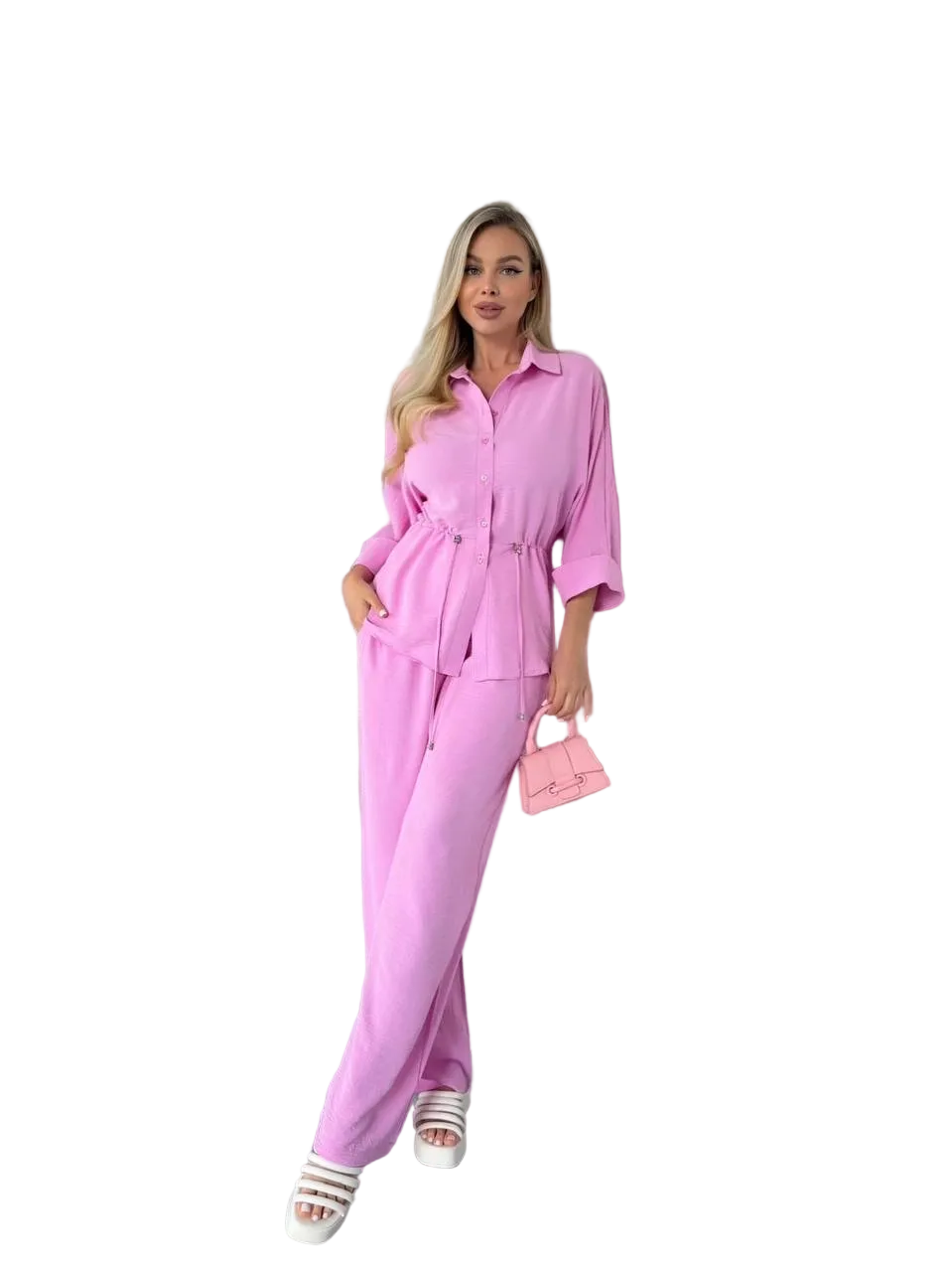 Pink Womens Two Piece Suit Shirt with Drawstring Waist and Elastic Trousers Krep Zhatka