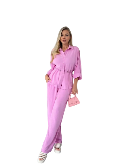 Pink Womens Two Piece Suit Shirt with Drawstring Waist and Elastic Trousers Krep Zhatka