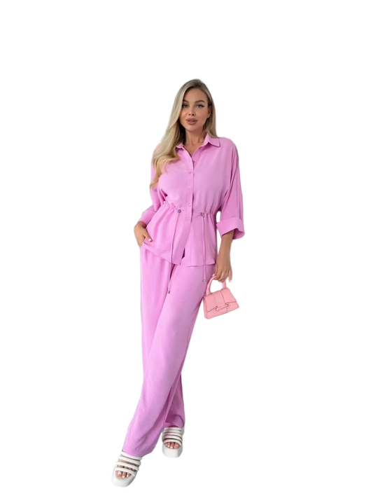 Pink Womens Two Piece Suit Shirt with Drawstring Waist and Elastic Trousers Krep Zhatka