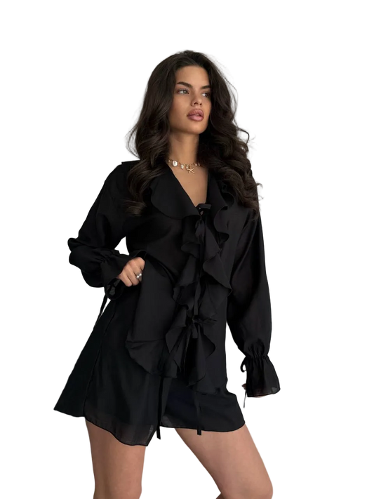 Black Tencel Ruffle Blouse and Shorts Set Women Lightweight Breathable Summer Outfit