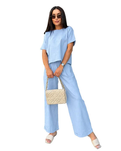 Linen Two Piece Set Women Light Blue Short Sleeve Top Palazzo Pants