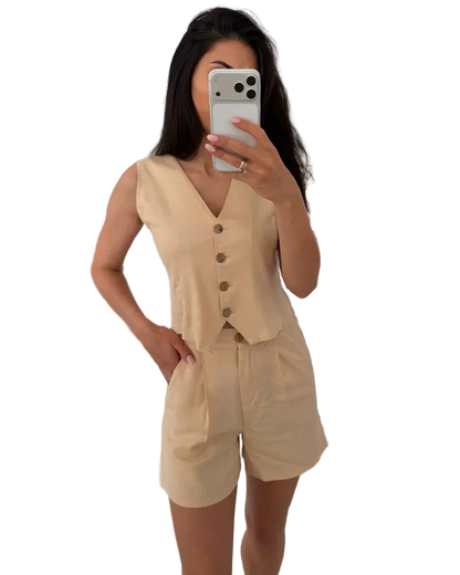 Beige Linen Two Piece Suit Women Vest and Shorts Set