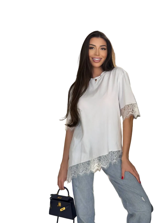 White Lace Trim Womens T Shirt 100 Percent Cotton Lace Sleeve Casual Top