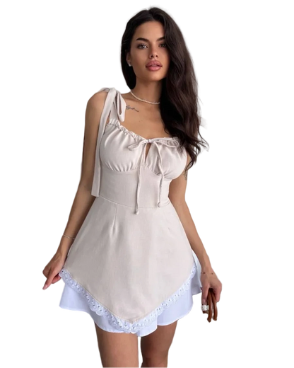 Beige Linen Tie Shoulder Mini Dress with Hidden Side Zipper