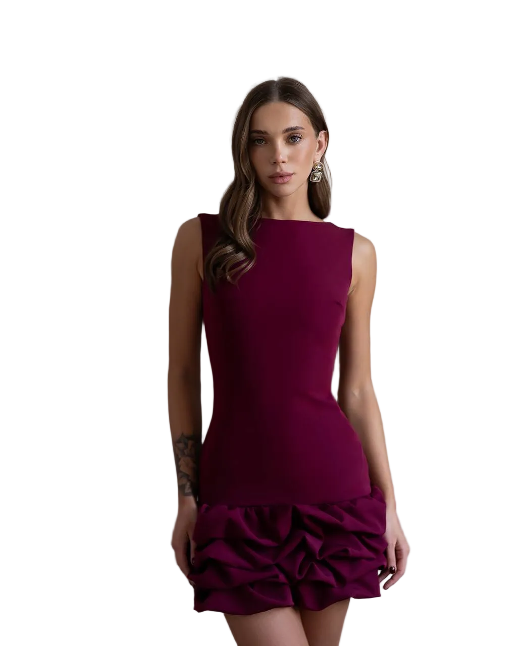 Burgundy Ruffle Hem Mini Dress Sleeveless Elegant Cocktail Dress Luxury Crepe