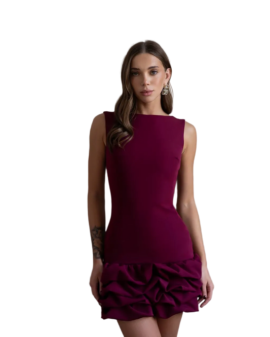 Burgundy Ruffle Hem Mini Dress Sleeveless Elegant Cocktail Dress Luxury Crepe