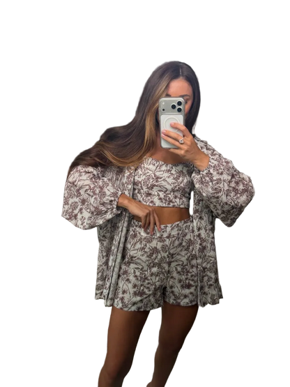 Three Piece Linen Set Women Floral Print Shorts Top Shirt Summer