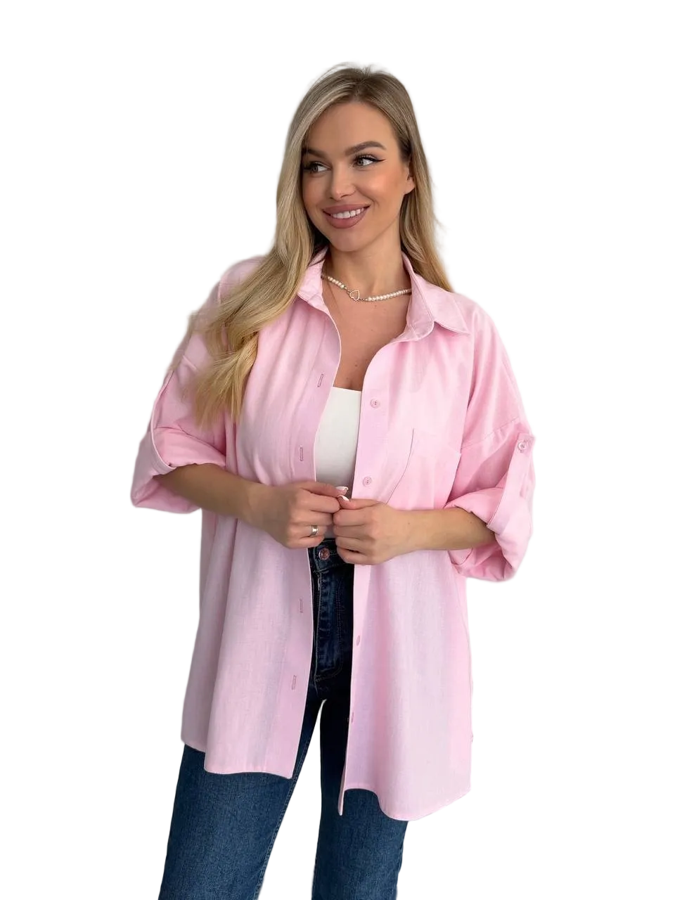 Pink Linen Oversized Shirt Women Relaxed Fit Roll Sleeve Tab Button Down