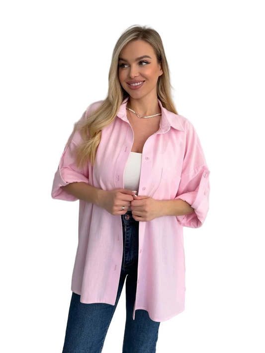 Pink Linen Oversized Shirt Women Relaxed Fit Roll Sleeve Tab Button Down