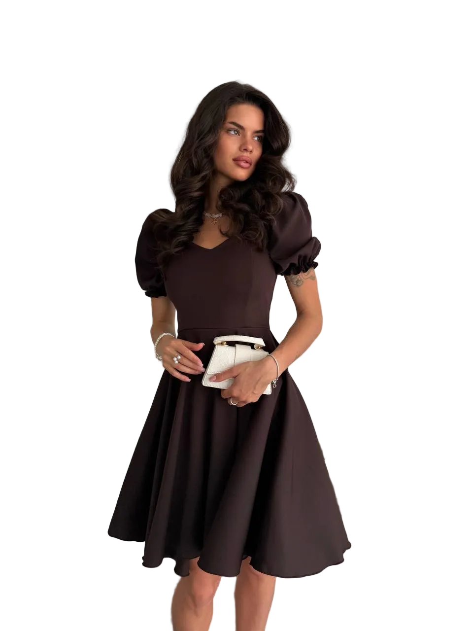 Brown Puff Sleeve Fit and Flare Dress Womens Elegant A Line Knee Length
