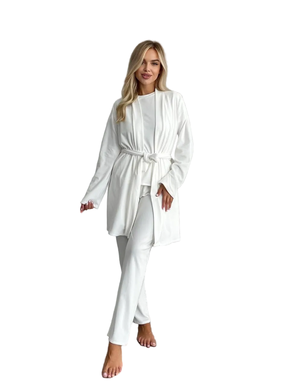 White Three Piece Pajama Set for Women Soft Stretch Loungewear Robe Top Pants