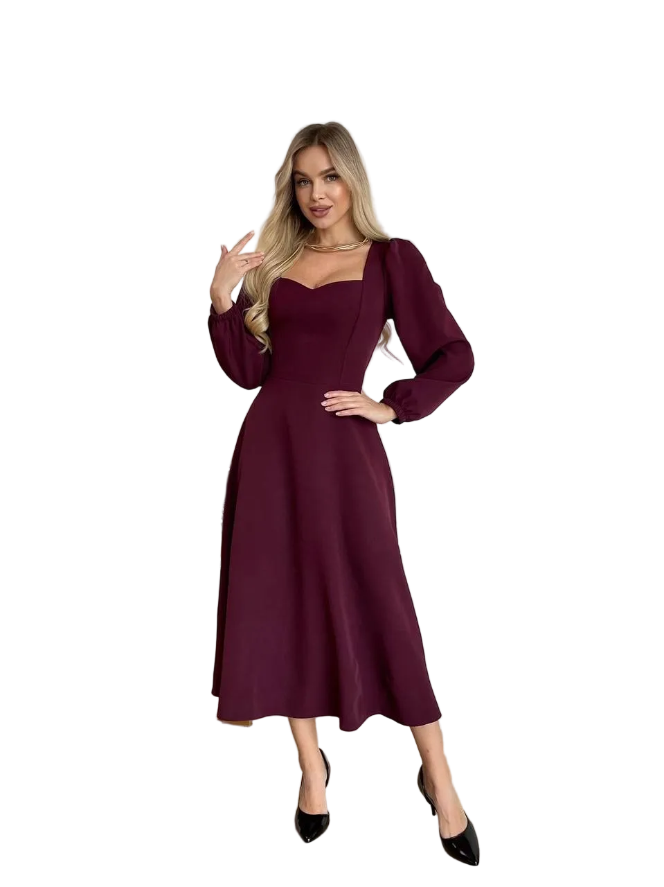Burgundy Midi Dress Sweetheart Neckline Puff Sleeves Elegant Party Dress