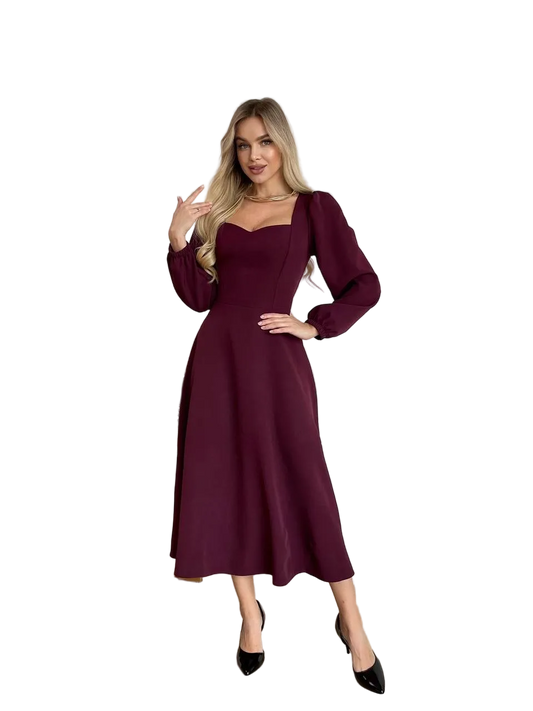 Burgundy Midi Dress Sweetheart Neckline Puff Sleeves Elegant Party Dress