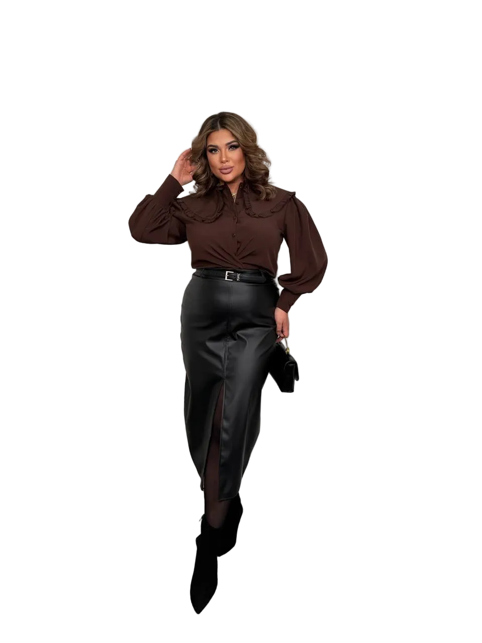 Matte Eco Leather Pencil Skirt Black High Waist Front Slit