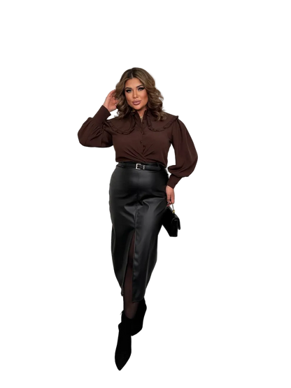 Matte Eco Leather Pencil Skirt Black High Waist Front Slit