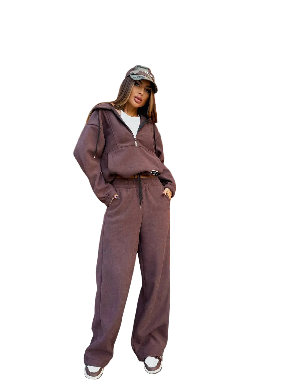 Womens Brown Micro Corduroy Tracksuit Fleece Lined Elastic Hem Jogger Set