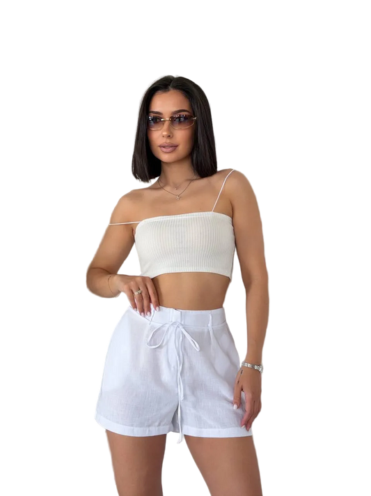 Women's White Linen Shorts Loose Fit Breathable Summer Shorts with Pockets and Drawstring Waist