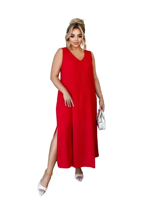 Plus Size Red Midi Dress V Neck Crepe Fabric Sleeveless Straight Cut