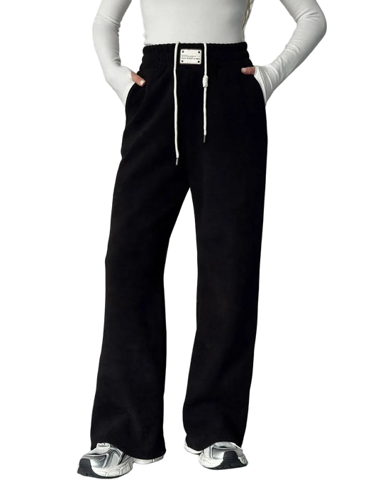 Black Corduroy Fleece Lined Trousers Warm Casual Pants