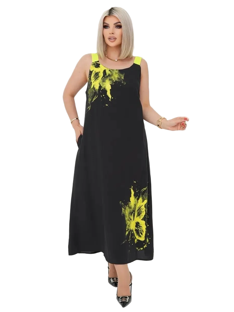 Plus Size Black Sarafan Maxi Dress with Neon Yellow Print Crinkle Crepe