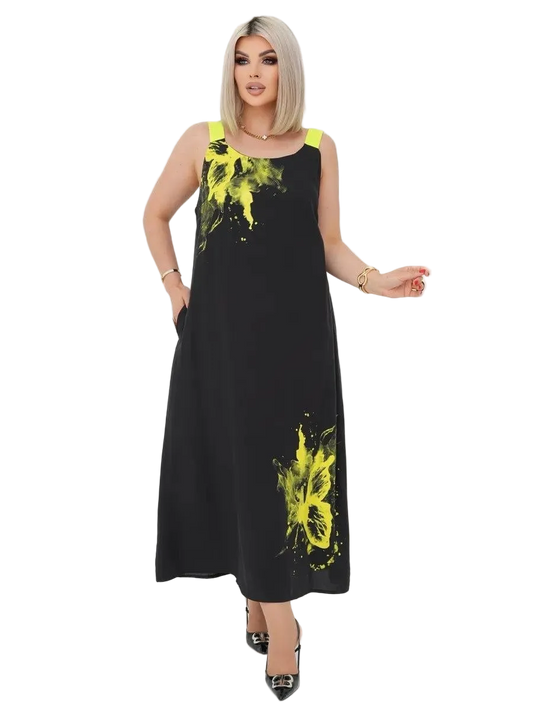 Plus Size Black Sarafan Maxi Dress with Neon Yellow Print Crinkle Crepe