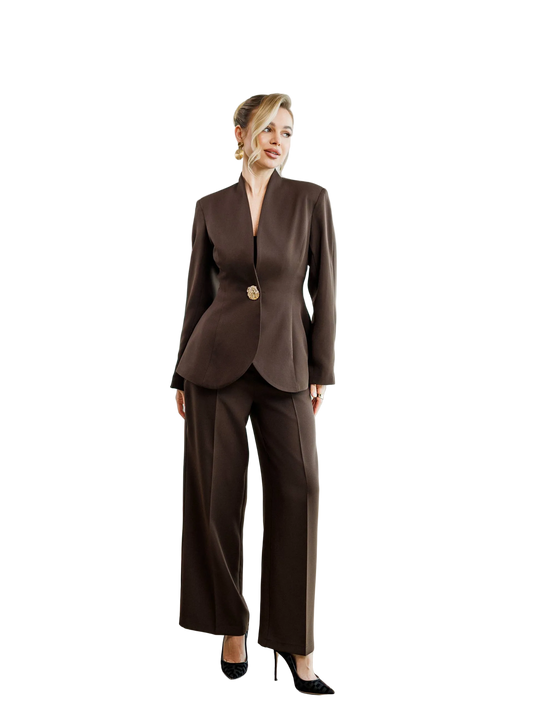 Womens Tailored Diagonal Crepe Suit Brown Blazer and Trousers