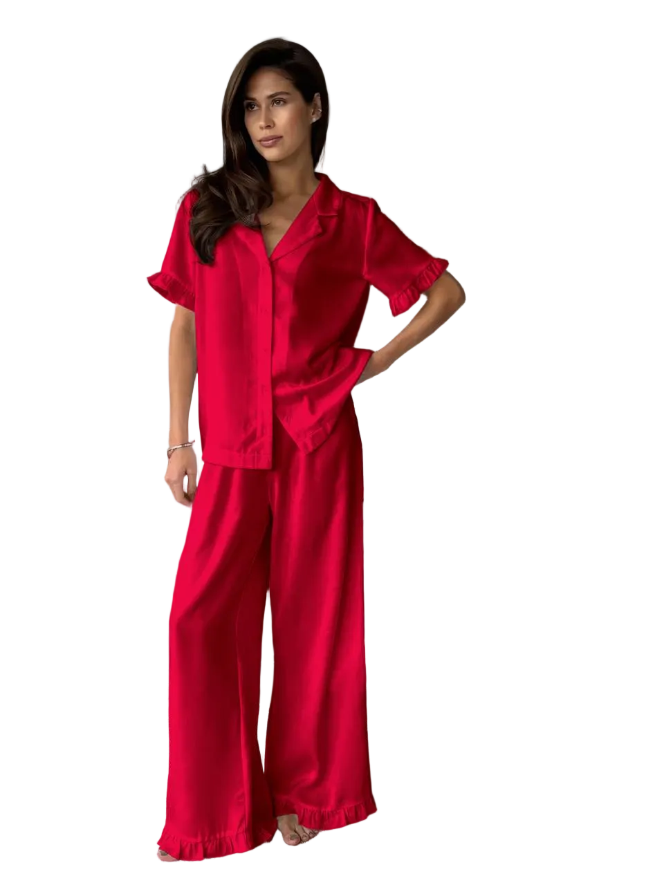 Womens Red Soft Pajama Set Short Sleeve Button Shirt Wide Leg Pants Ruffle Hem Luxury Loungewear