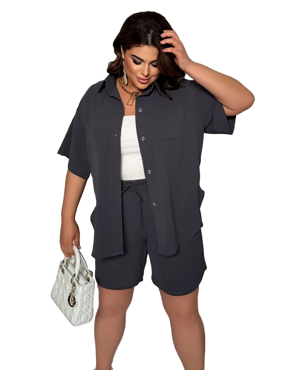 Plus Size Crepe Soft Two Piece Set Button Shirt High Waist Shorts Dark Gray