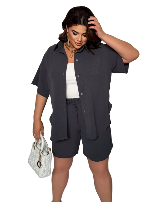 Plus Size Crepe Soft Two Piece Set Button Shirt High Waist Shorts Dark Gray