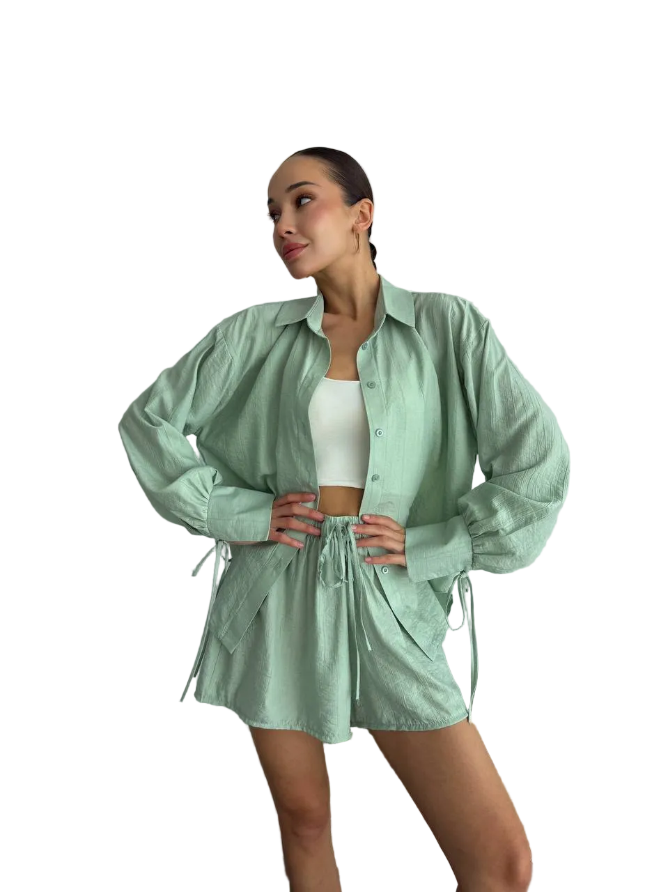 Women Two Piece Set Mint Green Cotton Crinkle Shirt and Shorts Casual Summer Suit