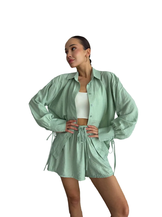 Women Two Piece Set Mint Green Cotton Crinkle Shirt and Shorts Casual Summer Suit