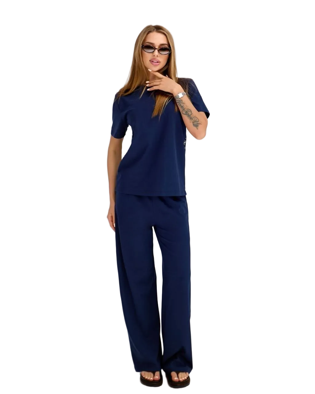 Navy Summer Two Piece Set Women Cotton T Shirt and Wide Leg Pants