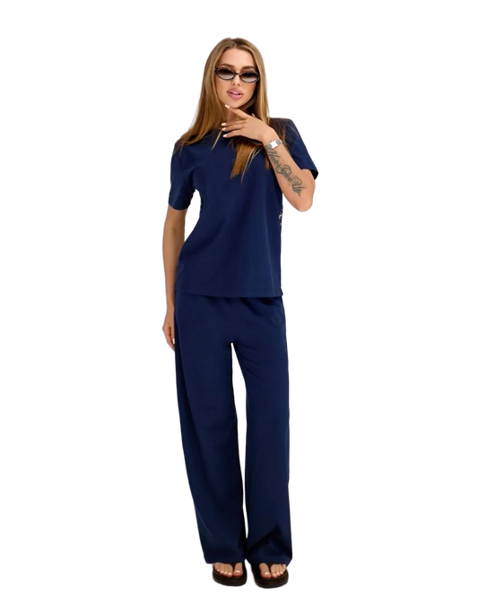 Navy Summer Two Piece Set Women Cotton T Shirt and Wide Leg Pants