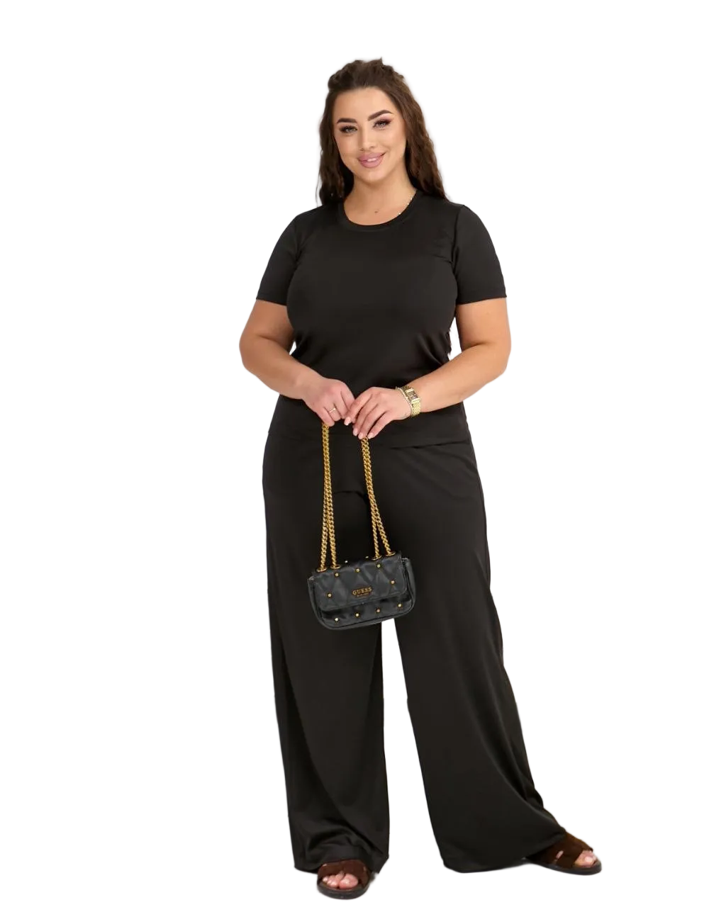 Black Women Tracksuit Microdiving Fabric T Shirt and Wide Leg Pants Comfortable Everyday Loungewear