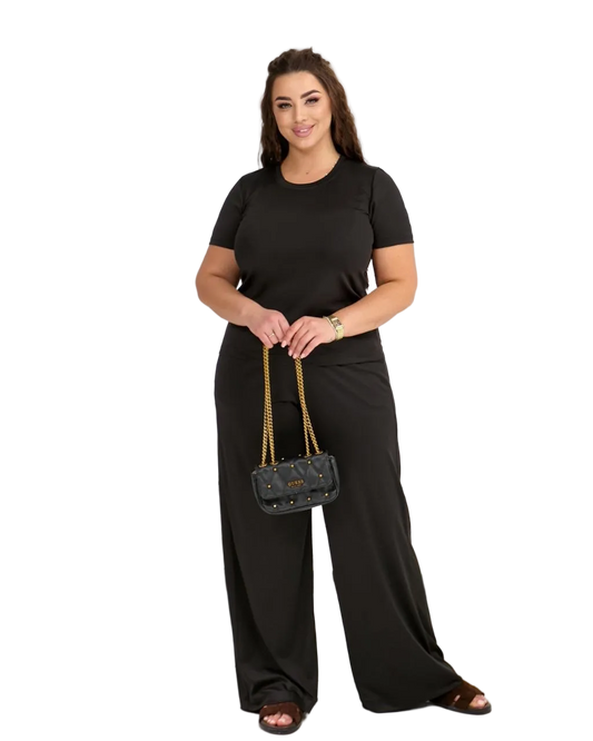 Black Women Tracksuit Microdiving Fabric T Shirt and Wide Leg Pants Comfortable Everyday Loungewear