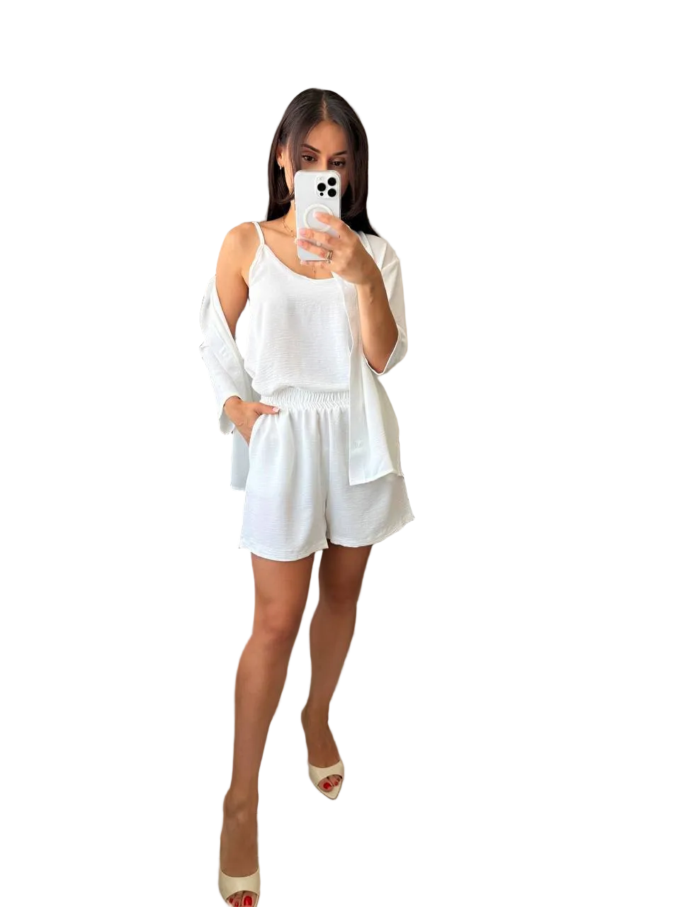 Womens Three Piece Suit White Lightweight Crepe Blazer Shirt Shorts Set