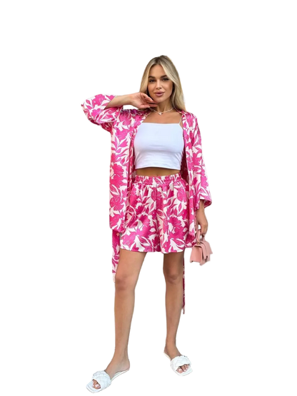 Pink Floral Silk Two Piece Suit Women Kimono Top and Shorts Summer Set