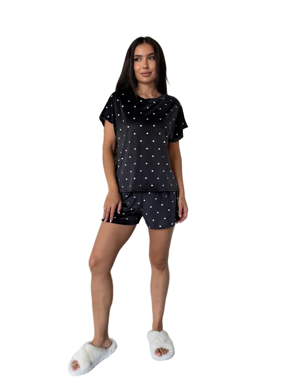 Womens Black Velour Polka Dot Pajama Set Short Sleeve Lounge Shorts with Bow