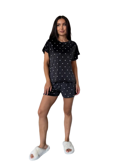 Womens Black Velour Polka Dot Pajama Set Short Sleeve Lounge Shorts with Bow