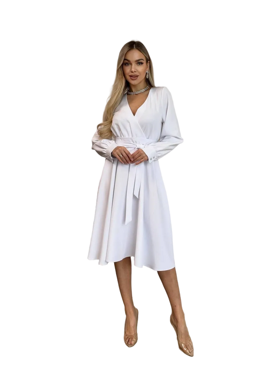 White Faux Wrap Midi Dress Long Sleeve Belted V Neck Elegant Dress