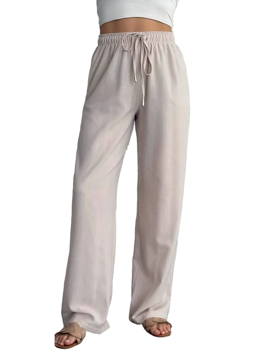 Linen Wide Leg Trousers Women Beige Elastic Waist Drawstring