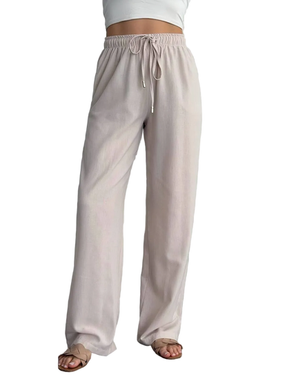 Linen Wide Leg Trousers Women Beige Elastic Waist Drawstring